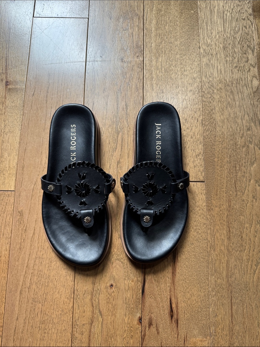 Jack Rogers Black Leather Thong Slide Sandals with Medallion
